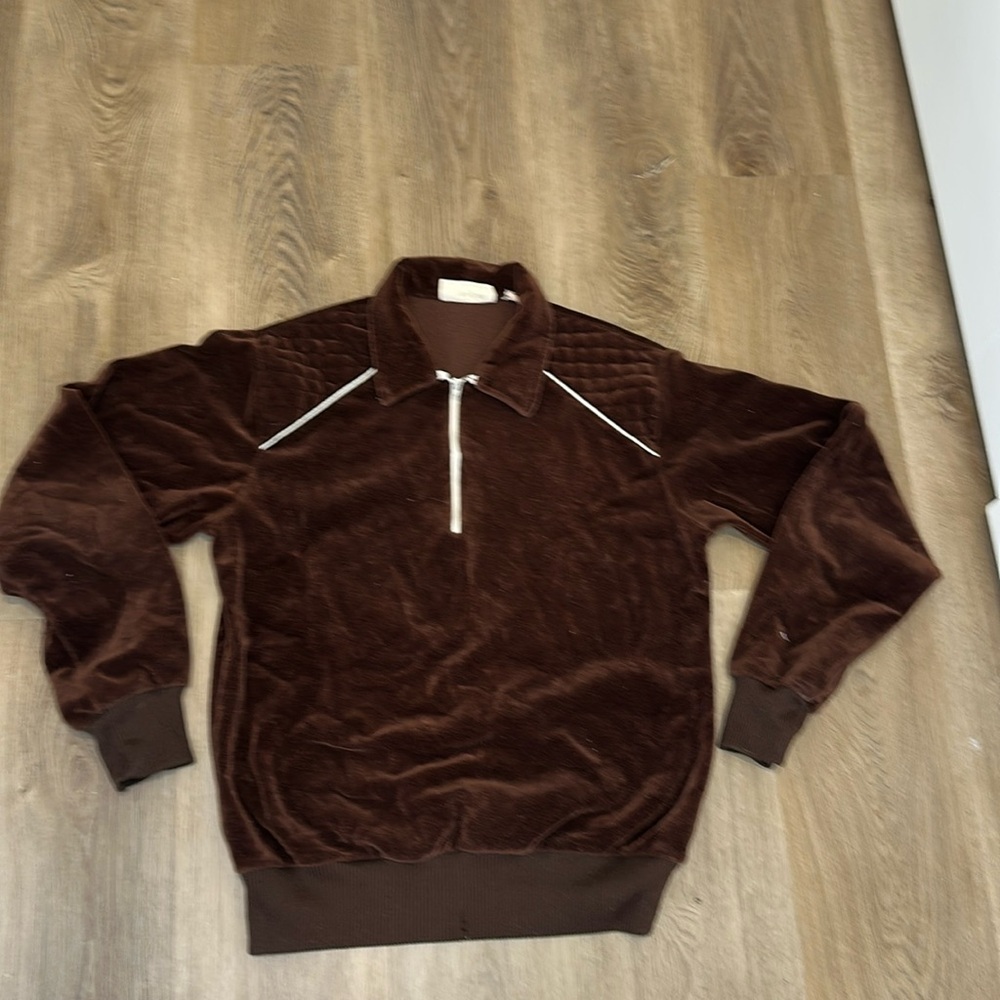Vintage velvet Velour Half Zip Pullover 70s velvet Streetwear Quiet Luxury Brown - Picture 9 of 14